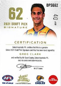 2022 Select AFL Optimum - 2021 Draft Pick Signature - Gold #DPSG62 Greg Clark Back